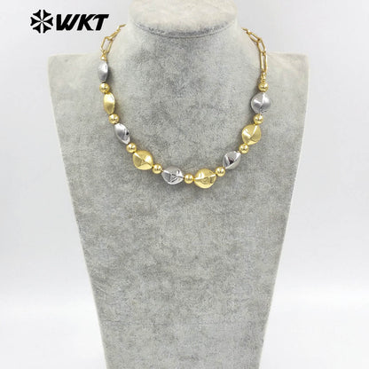 WT-JFN28 New Natural Brass 18K Gold Plated and Silver Irregular Diamond Shaped Flat Bead Necklace for Women As Daily Decoration