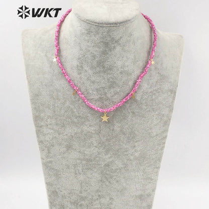 WT-JN197 Wholesale 4mm Resin Magic Color Tiny Star Charm Necklace Elegant pink Simple Necklace for Women Jewelry Chain Necklace