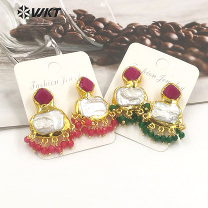WT-MPE118 Gorgeous Fashion Dangling Charm Natural Freshwater Pearl Earrings Amazing Women Anniversary Gold Statement Studs