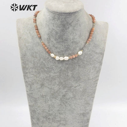 WT-N1409 Gorgeous Energy 6mm Round Sun Stone Beads Stone Necklace 16 Inch Long Summer Hand Strand Stone Pearl Choker Necklace