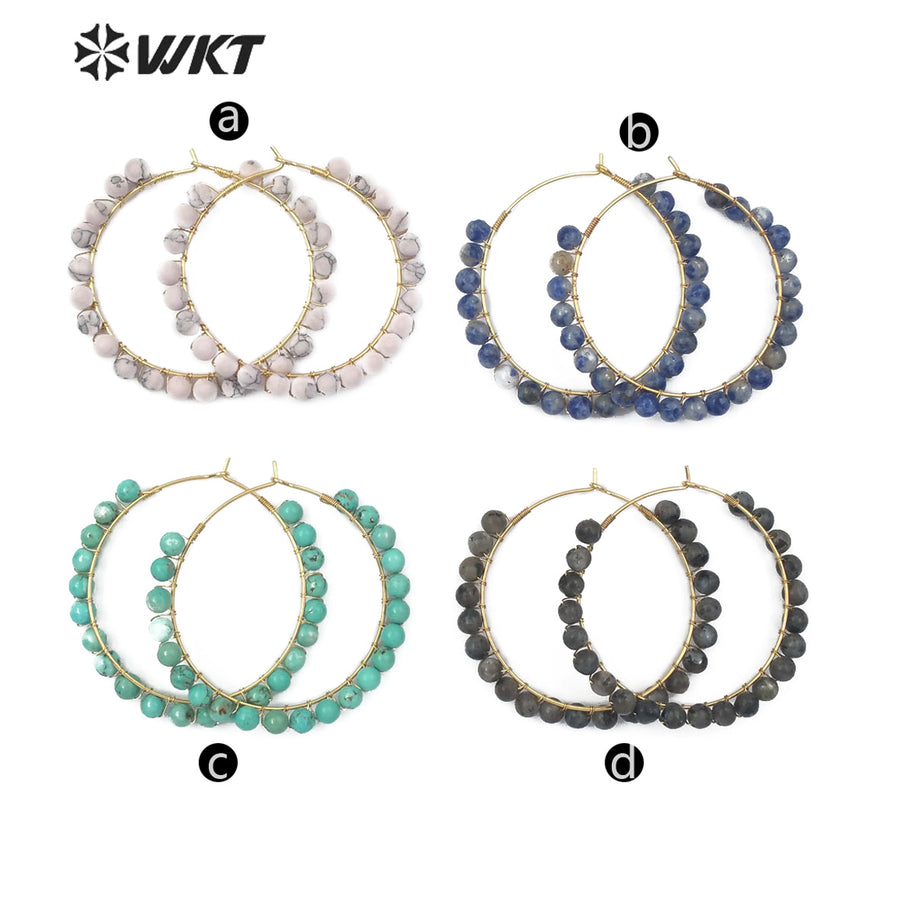 WT-E513 Vintage Design Jewelry Natural Turquoises Charm Earring Green Black Blue White Pink Color Round Gemstone Beads Earring