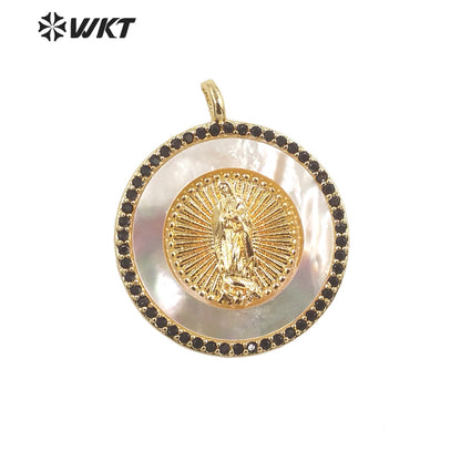 WT-MP271 Newest Vintage Style Ball Shaped Natural Shell Shell&Cubic Zircon Madonna Design Pendant