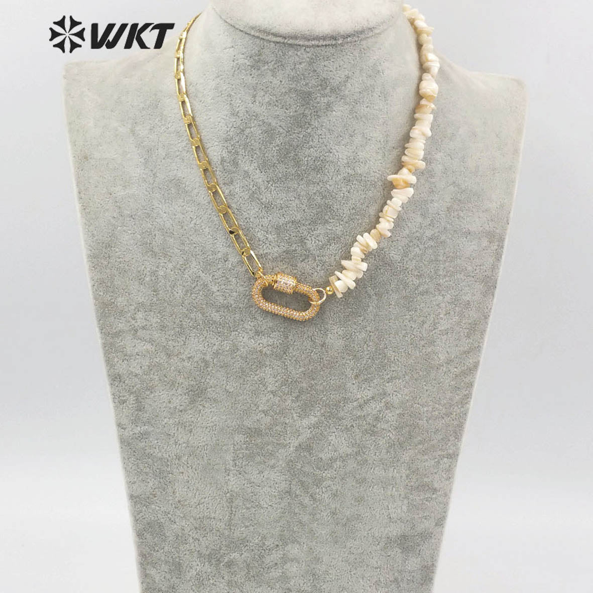 WT-MN976 New Autumn Design Women Vintage Gravel Shell Chain Necklace 18k Gold Plated Clasp Connector Necklace