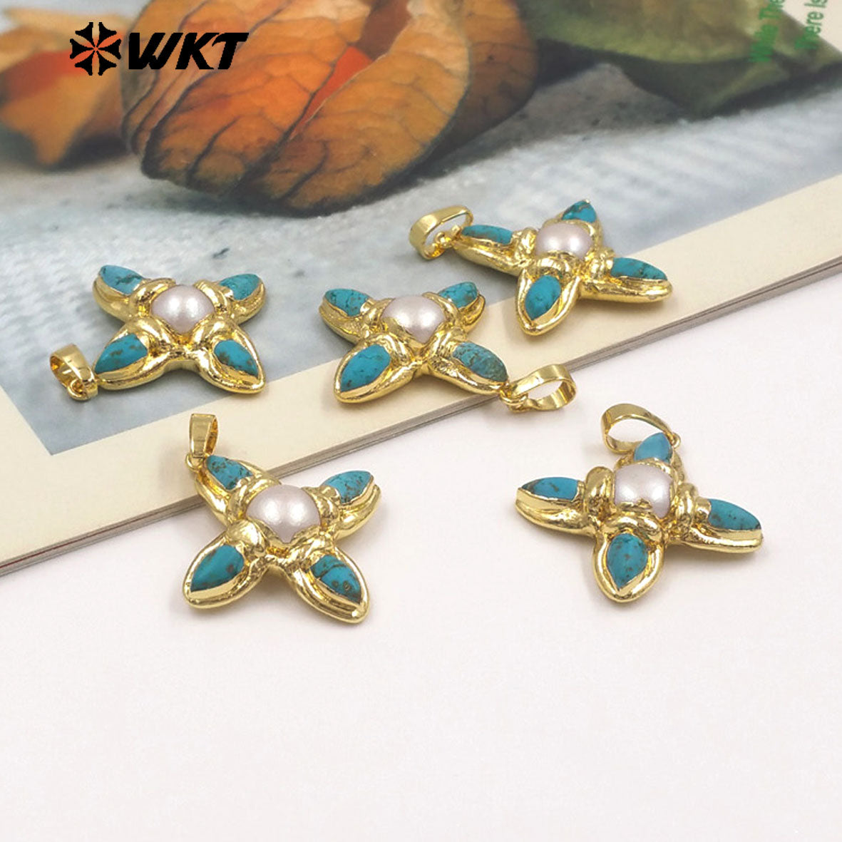 WT-P2038 Exclusive Trendy Design Gold Plated Natural Turquoise And Pearl Pointed Cross Pendants For Women Lovely Gift DIY