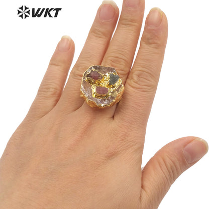 WT-R400 Vintage Natural Crystal Quartz Pendant Tourmaline Inlaid Ring Noble Gas 18k Gold-plated Women Ring Gemstone Rings