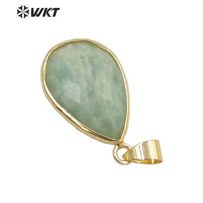 WT-P1640 Wholesale Gold Bezel Women Natural Amazonite Teardrop Pendants Charming Faceted Water Drop Stone Pendant