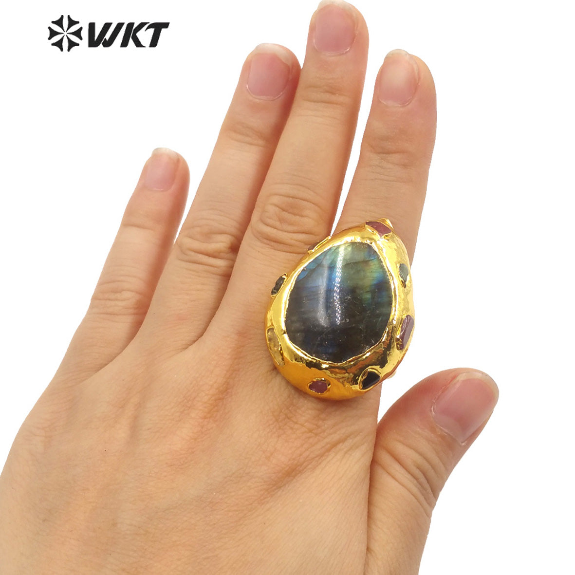WT-R409 Europe and America Niche Design 18k Gold Plated Rings Labradorite Stone Rings Multi-Gemstone Set Natural Stone Rings