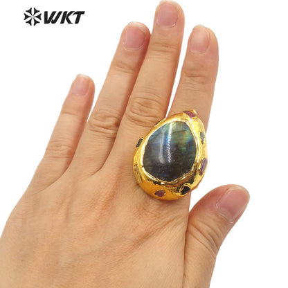 WT-R409 Europe and America Niche Design 18k Gold Plated Rings Labradorite Stone Rings Multi-Gemstone Set Natural Stone Rings