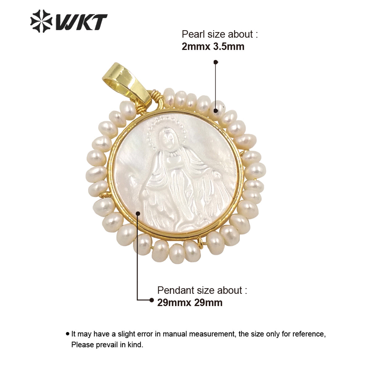 WT-JP256 New Design the God of Mother Virgen Maria Shell Pendant Fashion Gold Bezel White Round Amen Madrededios Pendants