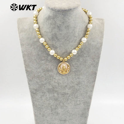 WT-JN304 Hot Sales 18K Gold Plated Natural Brass Round Beads Religious Bodhi Pearl Shell Necklace for Women As Daily Decoration