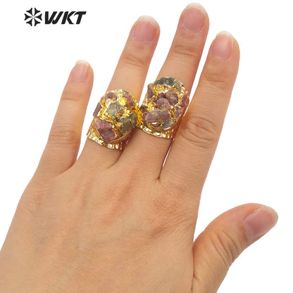 WT-R370 Amazing Bohemian Vintage Natural Tourmaline Raw Stone Ring Women Gold Electroplated Healing Lucky Birthday Jewelry Ring