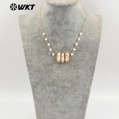 WT-JN302 Wholesale Popular Exquisite 18K Gold Plated Star Beads Inlaid Oval Large Pearl Necklace for Girl As Anniversary Gift
