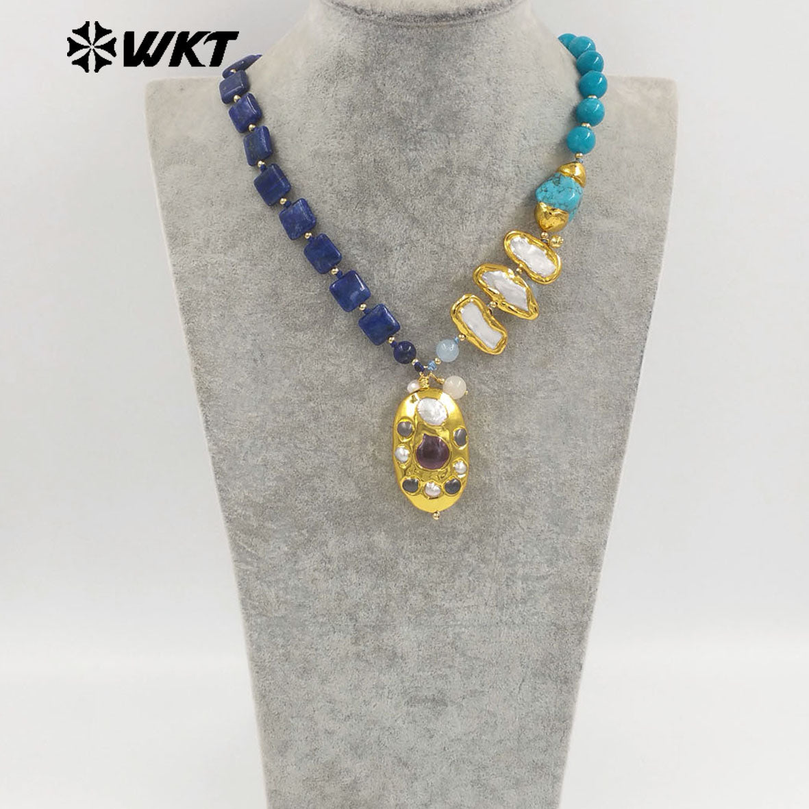 WT-JN359 Wonderful Trendy Natural Gemstones And Pearls Splicing With Gold Plated Big Pendant Necklace For Women Unique Jewelry