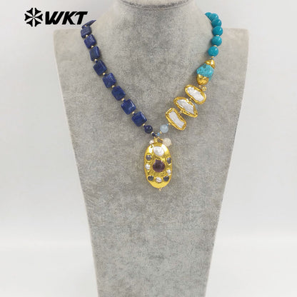 WT-JN359 Wonderful Trendy Natural Gemstones And Pearls Splicing With Gold Plated Big Pendant Necklace For Women Unique Jewelry