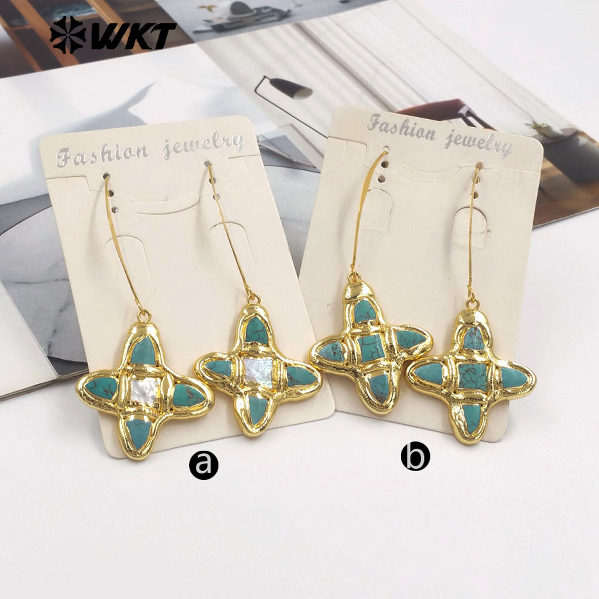 WT-E804 Popular Style Gold Electroplated Natural Turquoise And Pearl Cross Pendant Long Earrings As Women Daily Decorations
