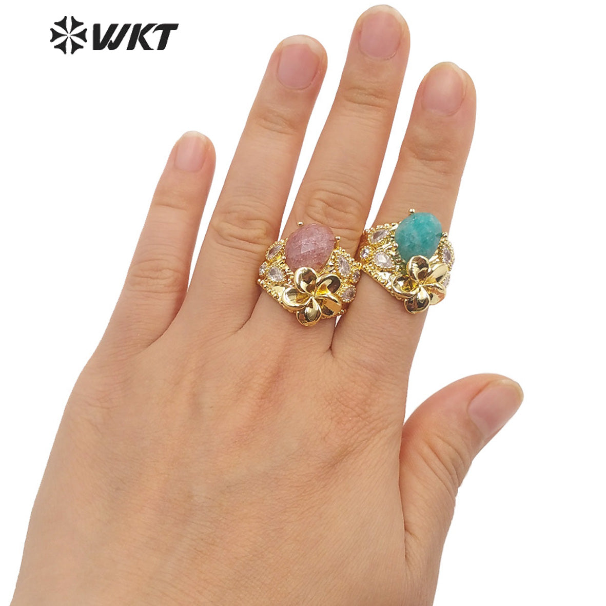 WT-R485 WKT Fashion Design Trendy Gift for Women Colorful High Quality Gorgeous Natural Gemstone and Zircon Stone Ring