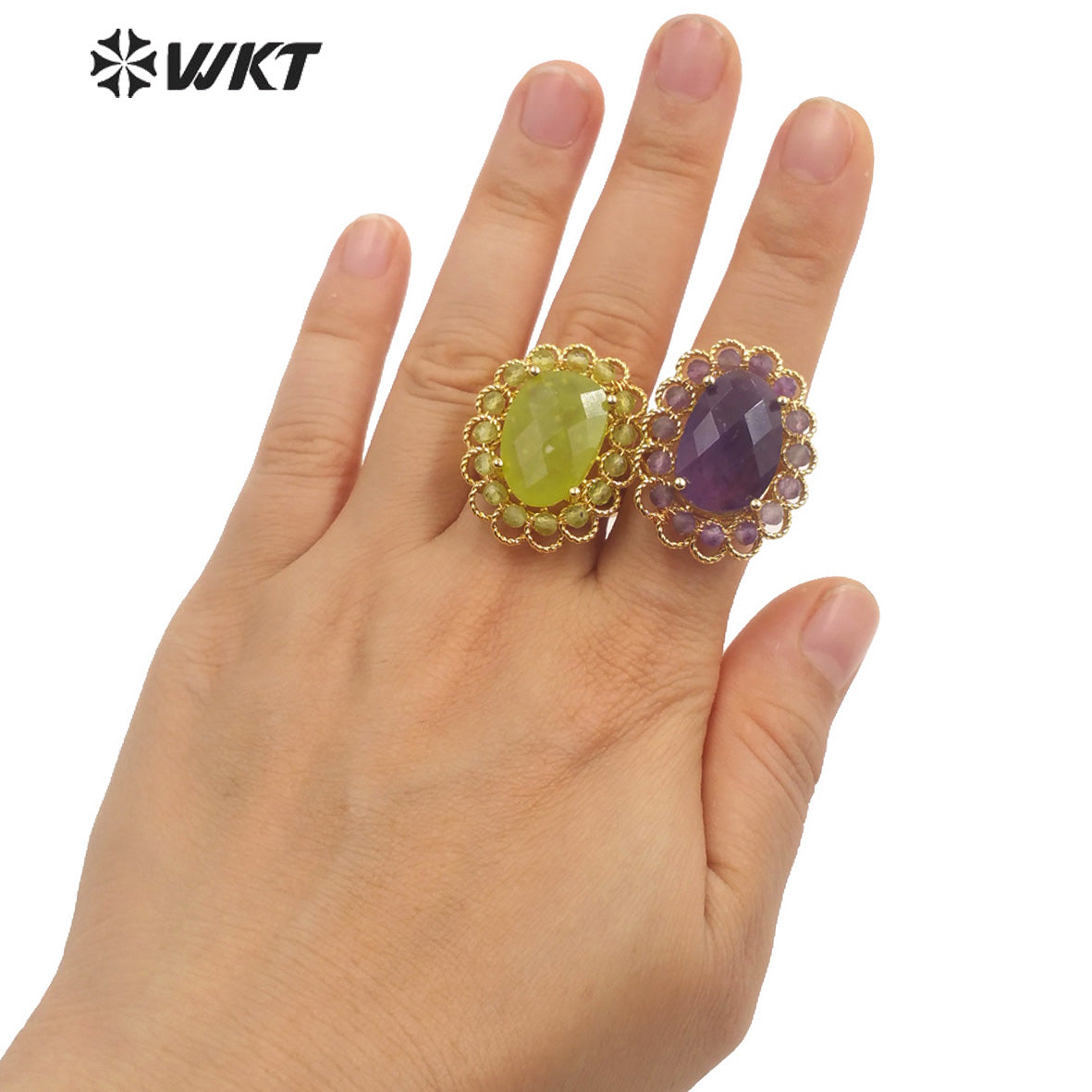 WT-R460 Wholesale Newest Gorgeous Women Oval Natural Amazonite Wedding Ring Faceted Stone Beads Anniversary Ring in Gold