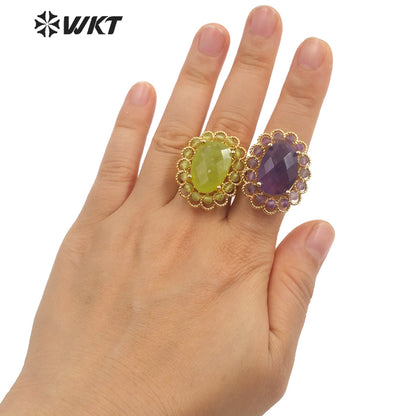 WT-R460 Wholesale Newest Gorgeous Women Oval Natural Amazonite Wedding Ring Faceted Stone Beads Anniversary Ring in Gold
