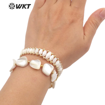 WT-MPB081 Wholesale Fashion Natural White Shell Beads Bracelet Gold Plated Simple Irregular Beads Boho Bracelet for Summer