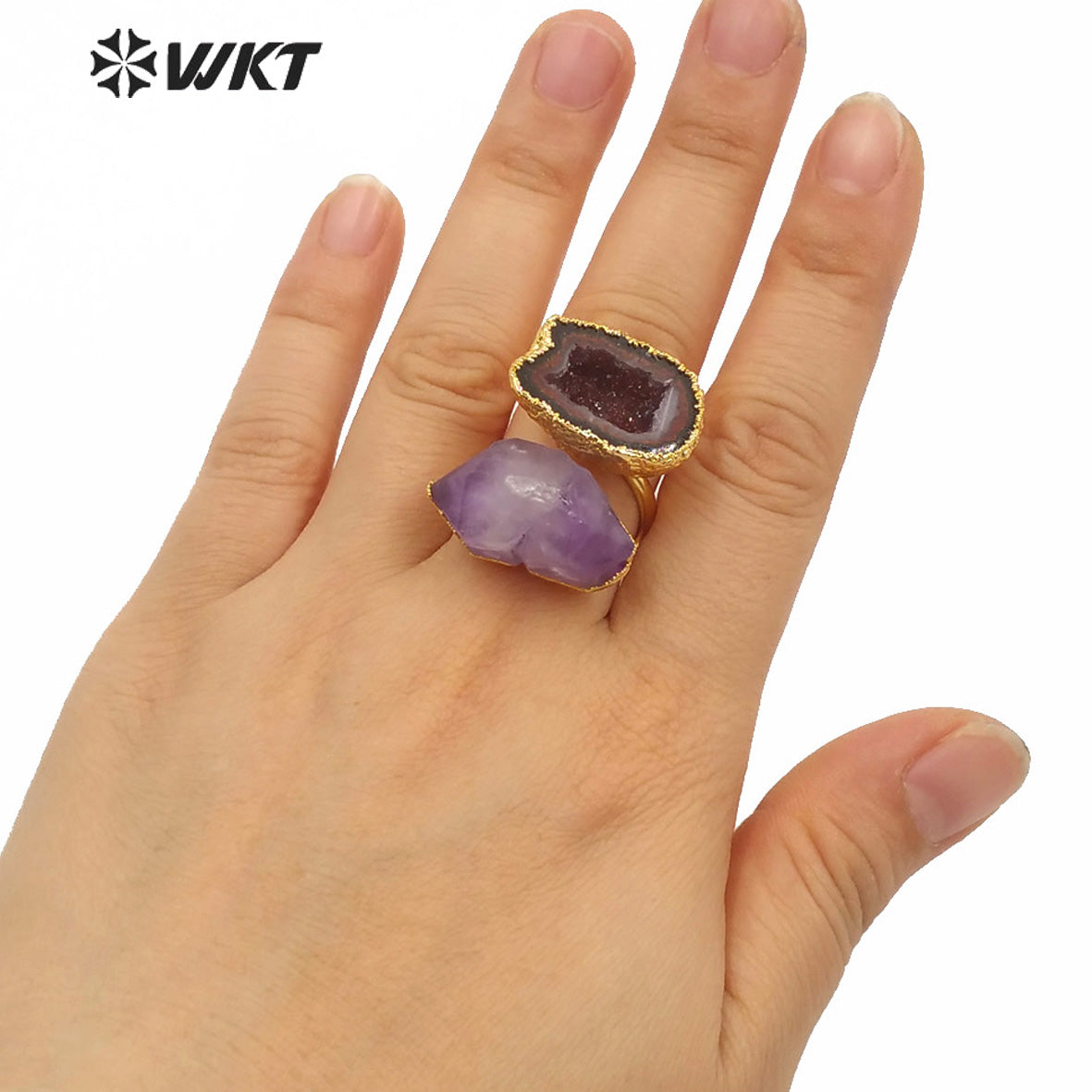 WT-R360 WKT Exclusive Natural Amethyst and Gedoe Agate Stone Ring Fashion Double Stone 18k Real Gold Plated Amethyst Rings