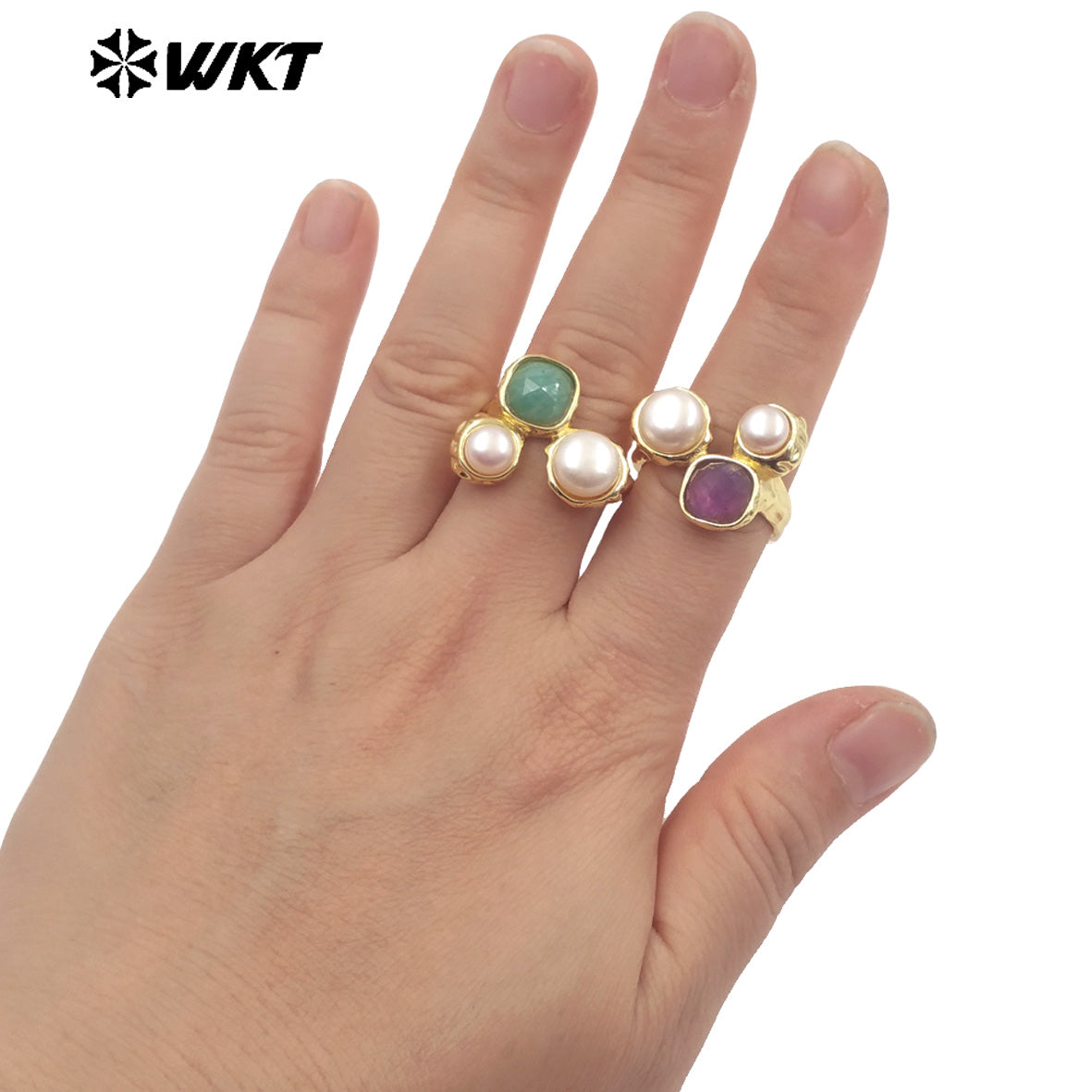 WT-MPR160 Wholesale Gold Electroplated Double Natural Freshwater Pearls And Stone Rings For Female Daily Decoration Jewelry