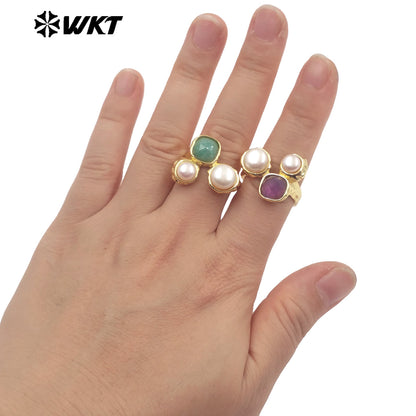WT-MPR160 Wholesale Gold Electroplated Double Natural Freshwater Pearls And Stone Rings For Female Daily Decoration Jewelry