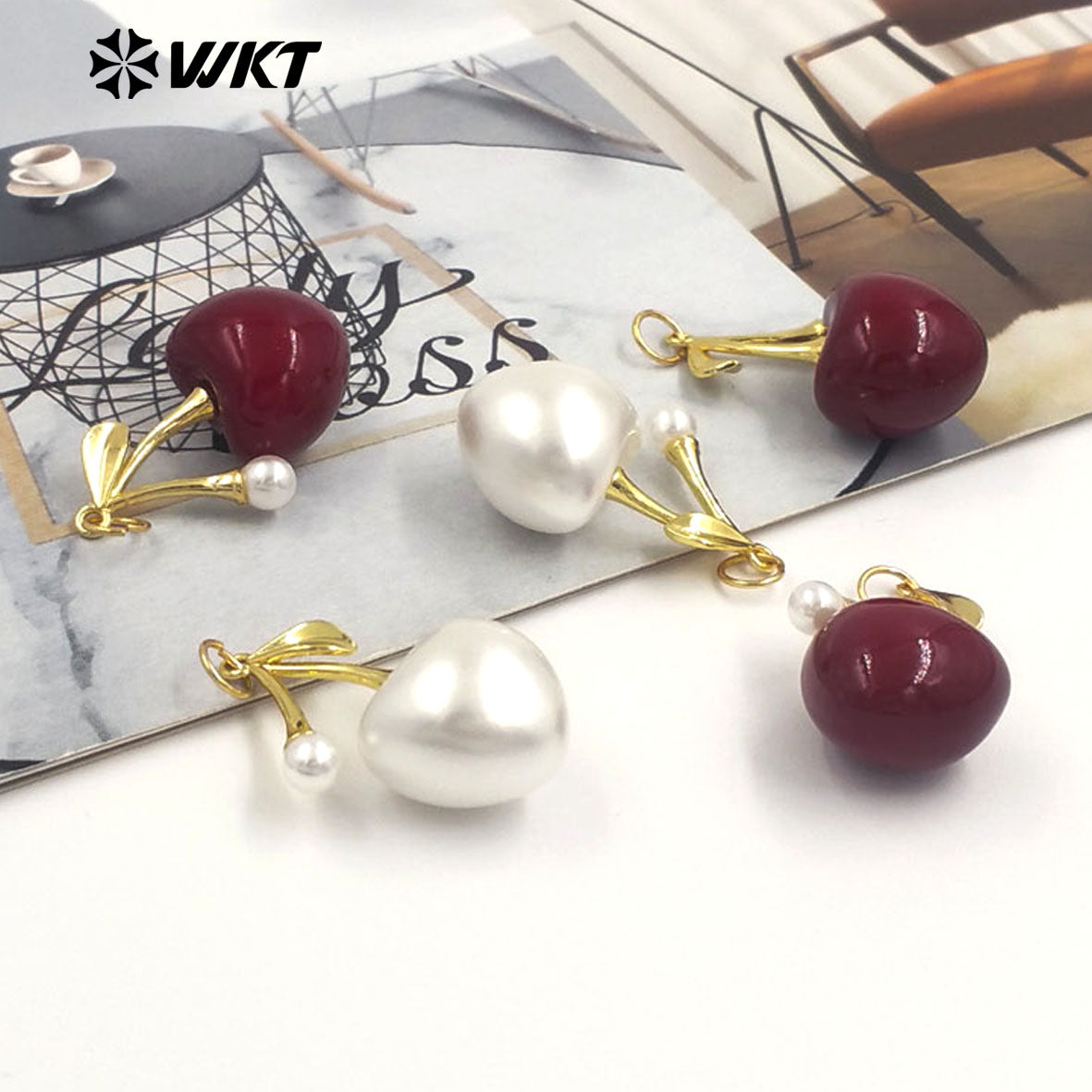 WT-JFE148 New Sales Cherry Charms Metal Yellow Brass With Drop Oil Red/ White Color Gold Plated Pendant Finding For Earrings DIY