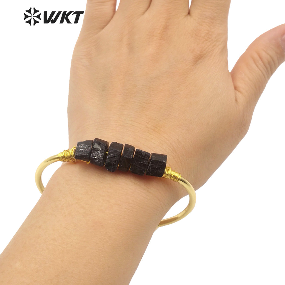 WT-B595 WKT Exclusive Natural Black Tourmaline Stone Bangle Opening Adjustable Gold Bracelet Party Gift Jewelry Bangle