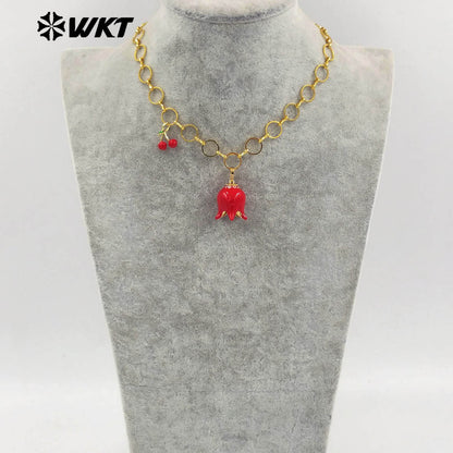 WT-JFN39 Fashion Romantic Style Women Necklace With Flower And Cherry Charms Round Gold Plated Chain High Quality Jewelry