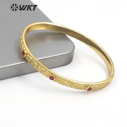 WT-B619 New 18K Real Gold Plated Resist Tarnishable Cubic Zircon Round Cuff Bangle for Women Dubai Hot Metal Bangle