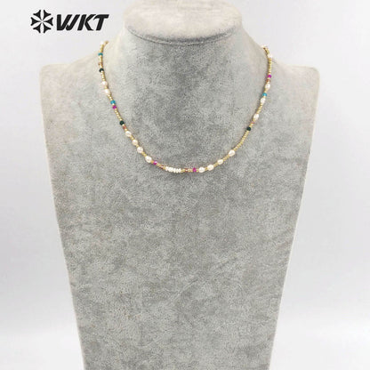 WT-JN222 INS HOT Trendy Colorful Tiny Stone Beads Necklace 16inch Elegant Lady Pearl Gold Beads Choker Necklace for Gift