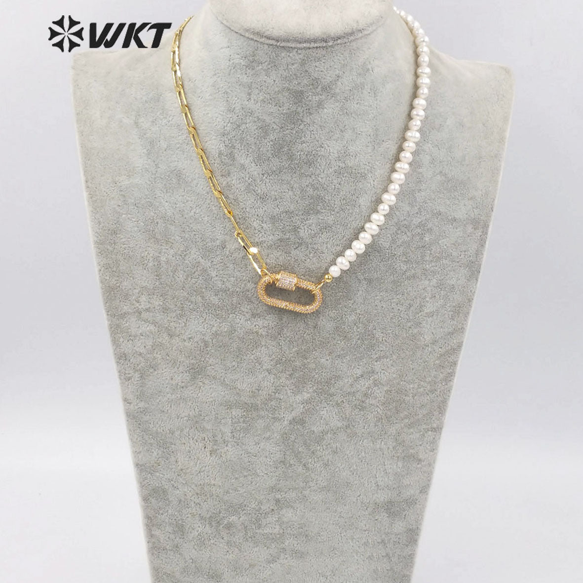 WT-MN975 Amazing Feature 18k Real Gold Plated Combine Chain Necklace Lady Elegant Freshwater Pearl Chain CZ Clasp Necklace