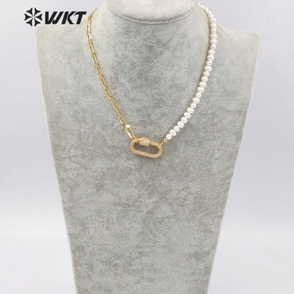 WT-MN975 Amazing Feature 18k Real Gold Plated Combine Chain Necklace Lady Elegant Freshwater Pearl Chain CZ Clasp Necklace