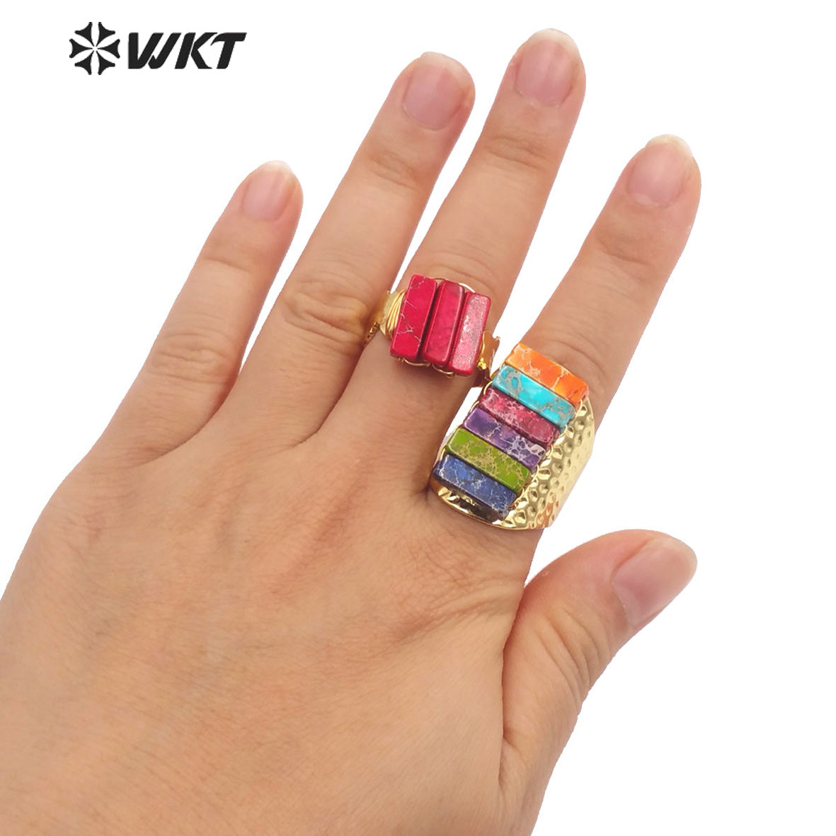 WT-R423 Fashion Gold Wire Wrapped Ocean jasper Ring for Women Colorful Natural Stone Handmade Ring in Bohemian Ring