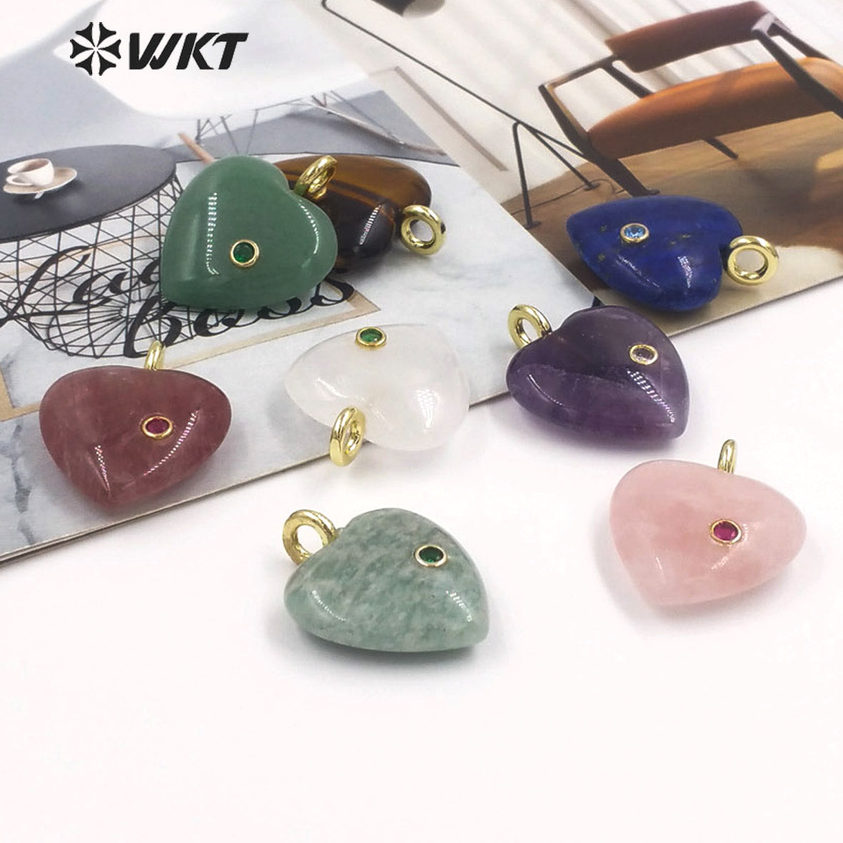WT-P2028 Factory Wholesale Romantic Style Natural Gemstones And Zircon Heart Shape Pendants For Earrings Design Charms