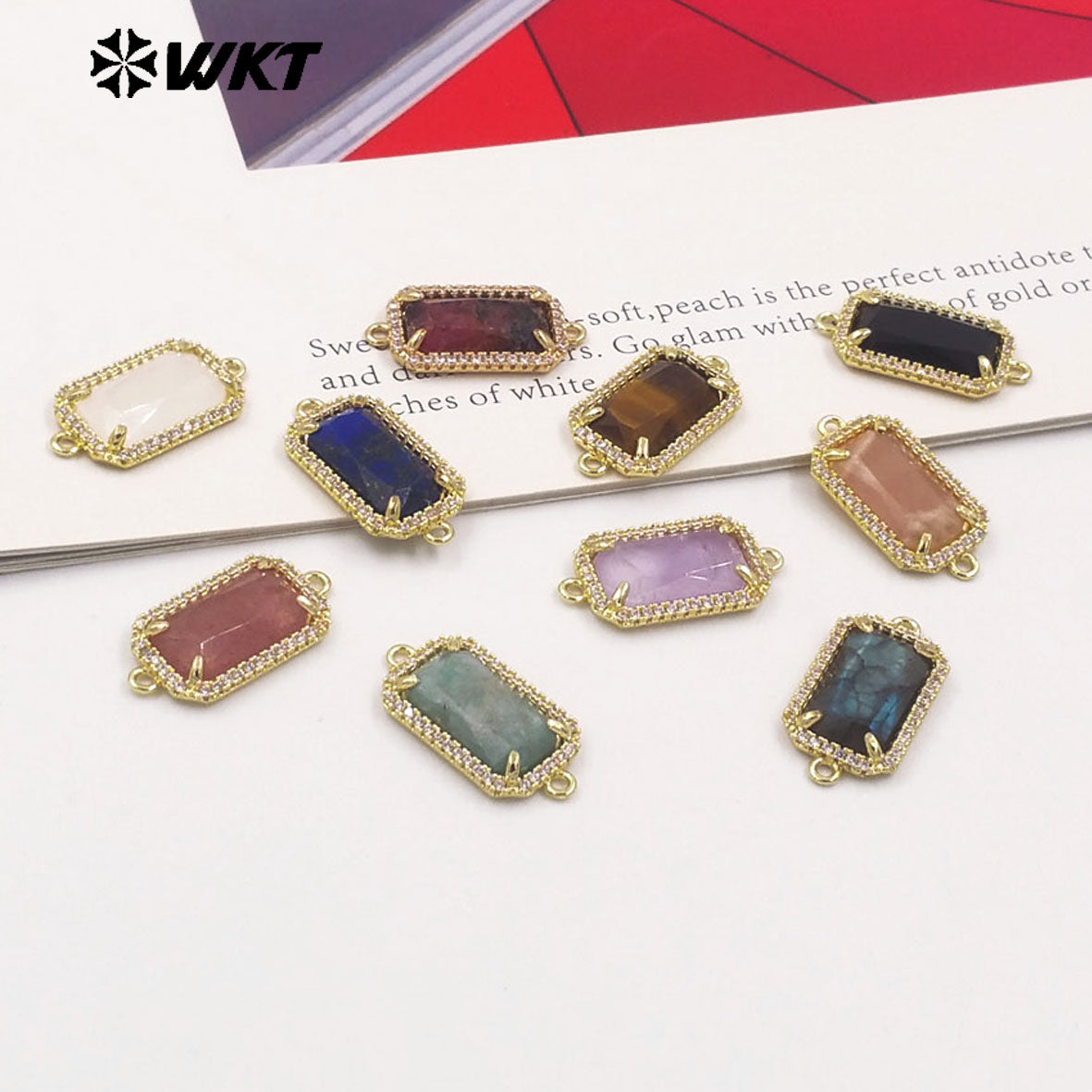 WT-C326 Wholesale Fashion Delicate Long Square Double Loops Cubic Zircon Claw Setting Natural Stone Bar Connectors