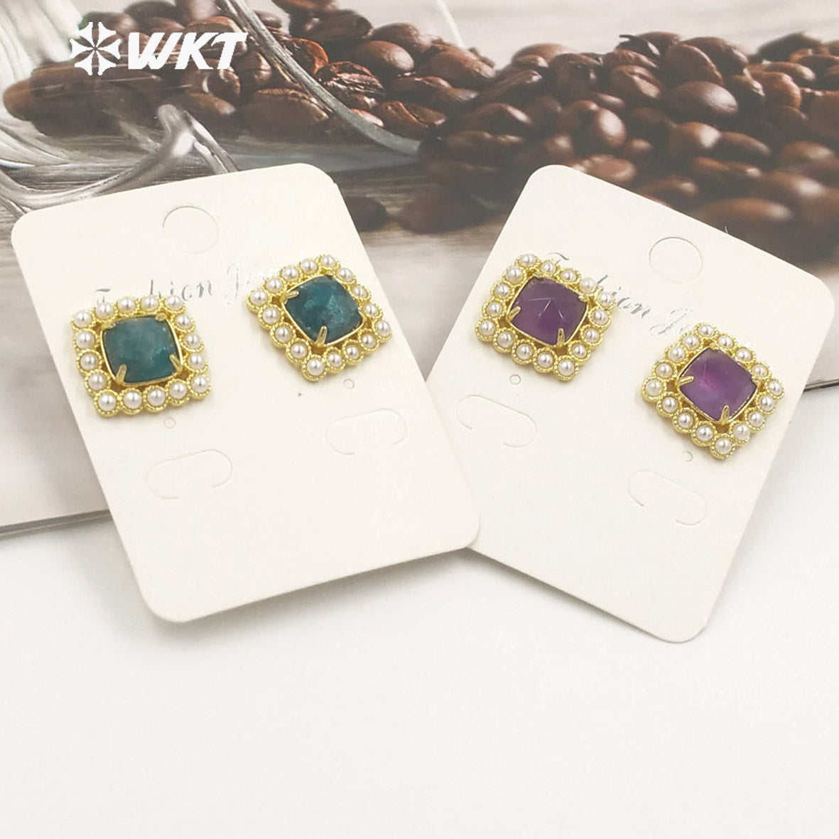 WT-MPE120 Amazing Elegant Square Artificial Pearl With Natural Stone Claw Setting Women Bohemian Studs
