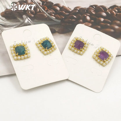 WT-MPE120 Amazing Elegant Square Artificial Pearl With Natural Stone Claw Setting Women Bohemian Studs