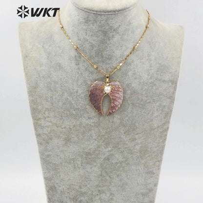 WT-JN167 Vintage Wing Shape Natural Shell Necklace Freshwater Pearl Angel Feather Pendant Jewelry Accessory Necklace