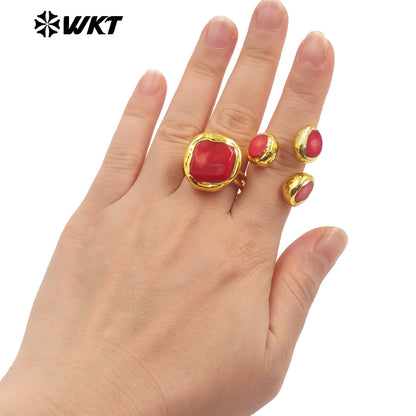 WT-MPR110 Wholesale Hot Sale Unisex Simple 18K Gold Plated Round Red Coral Adjustable Ring for Daily and Party Decorations