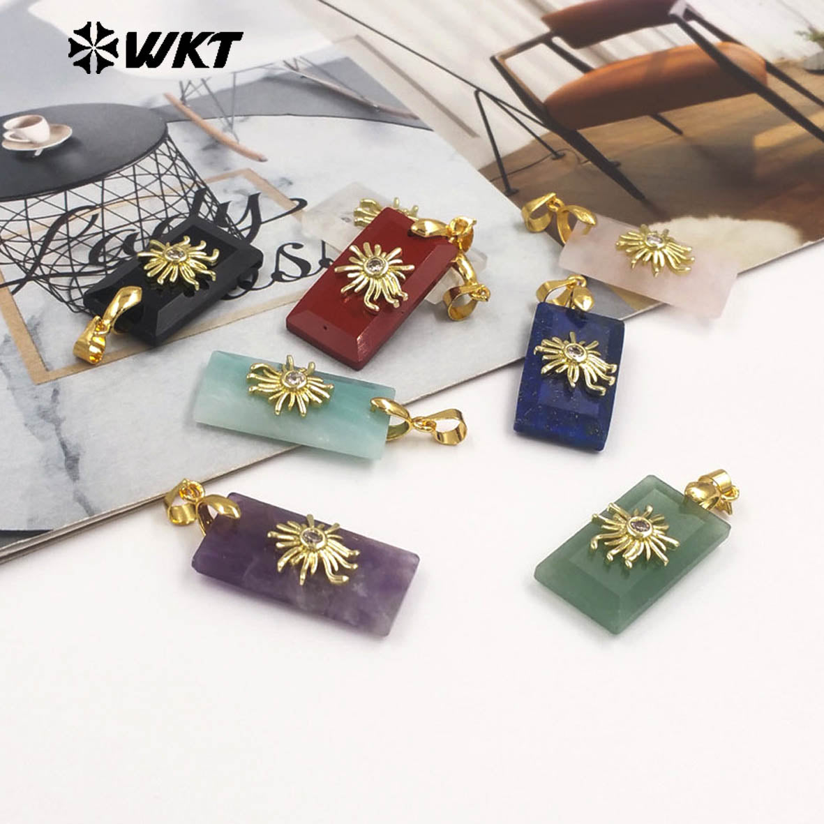 WT-P2068 Wholesale Gold Electroplated Sun Zircon And Natural Gemstones Rectangle Pendants As Handmade Jewelry Accessory