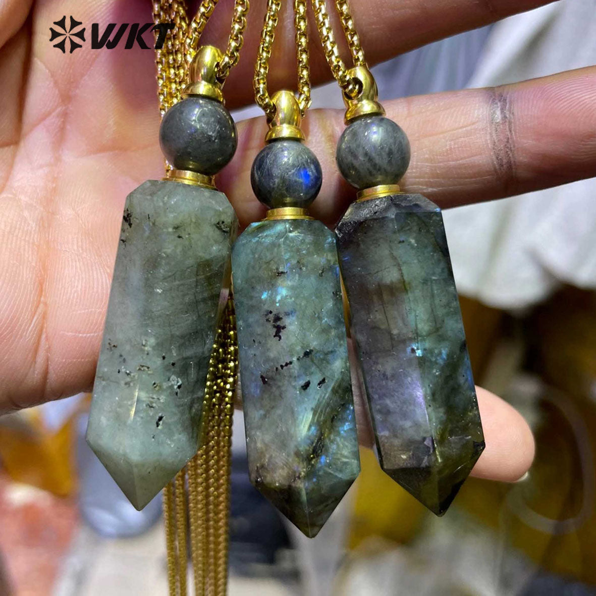 WT-N1256 Wholesale Gold Stainless Steel Hexagonal Shape Natural Labradorite Stone Gold Stainless Steel Metal Rose Quartz Stone