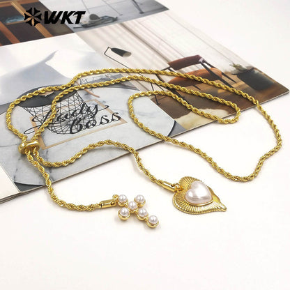 WT-JFN52 Elegant Style Brass And Artificial Pearl Gold Plated Cross Heart Shape Charms Metal Necklace For Friends Romantic Gift