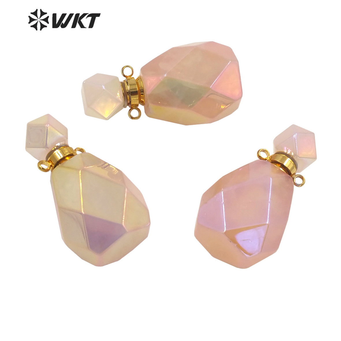 WT-P1649 Newest Color Natural Aura Rose Quartz Faceted Essencial Oil Bottle Fashion Lady Raw Stone Quartz Perfume Bottle Pendant