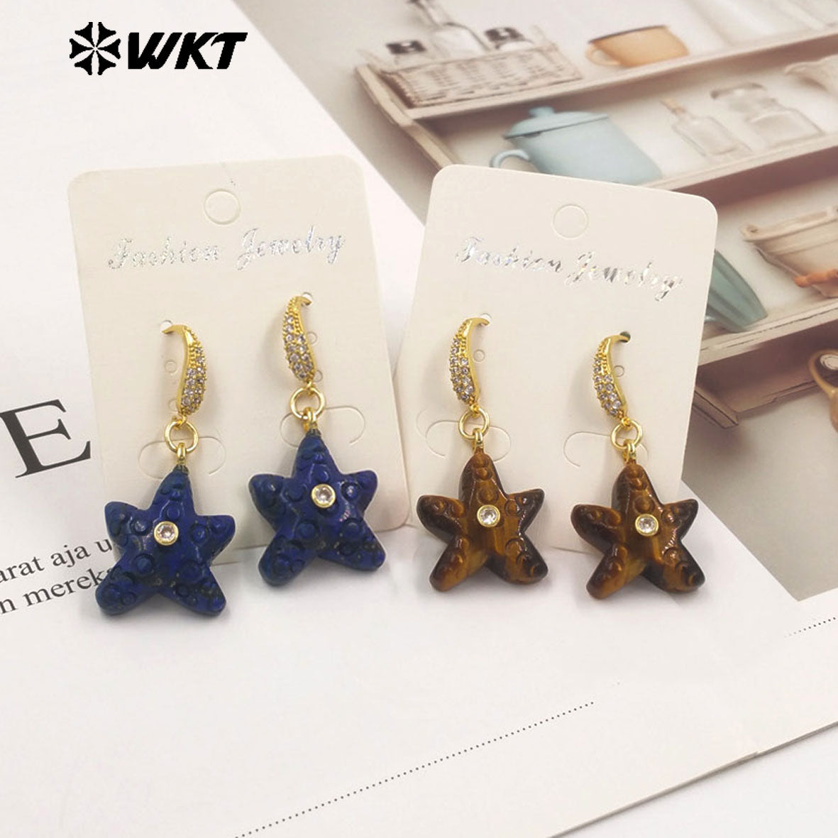 WT-E815 Interesting And Delicate Multiple Natural Gemstones Starfish Shape Gold Earrings As Girl Friends Jewelry Present