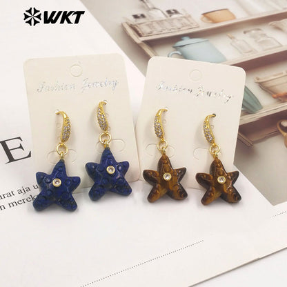 WT-E815 Interesting And Delicate Multiple Natural Gemstones Starfish Shape Gold Earrings As Girl Friends Jewelry Present