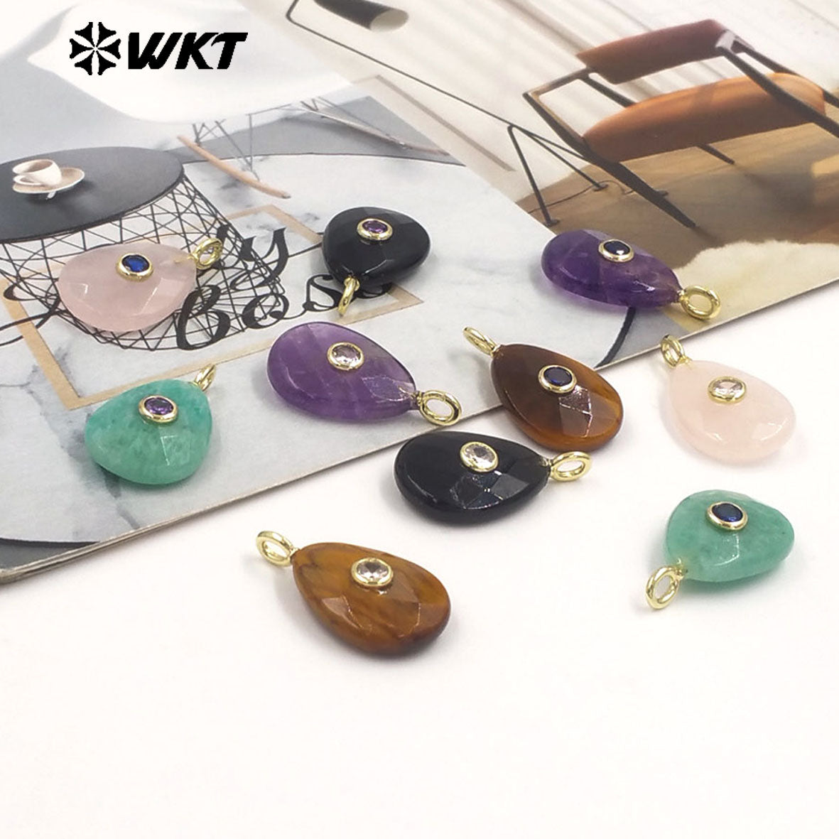 WT-P2025 Beautiful Waterdrop Shape Faceted Natural Gemstones Set In Zircon Pendant For Lovely Earrings Jewelry Making Charms