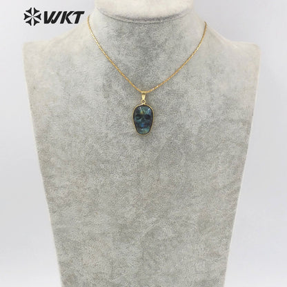 WT-N1357 WKT Special Skeleton Ghost Head Natural Carved Labradorite Necklace Style Rock and Roll Style Skull Necklace