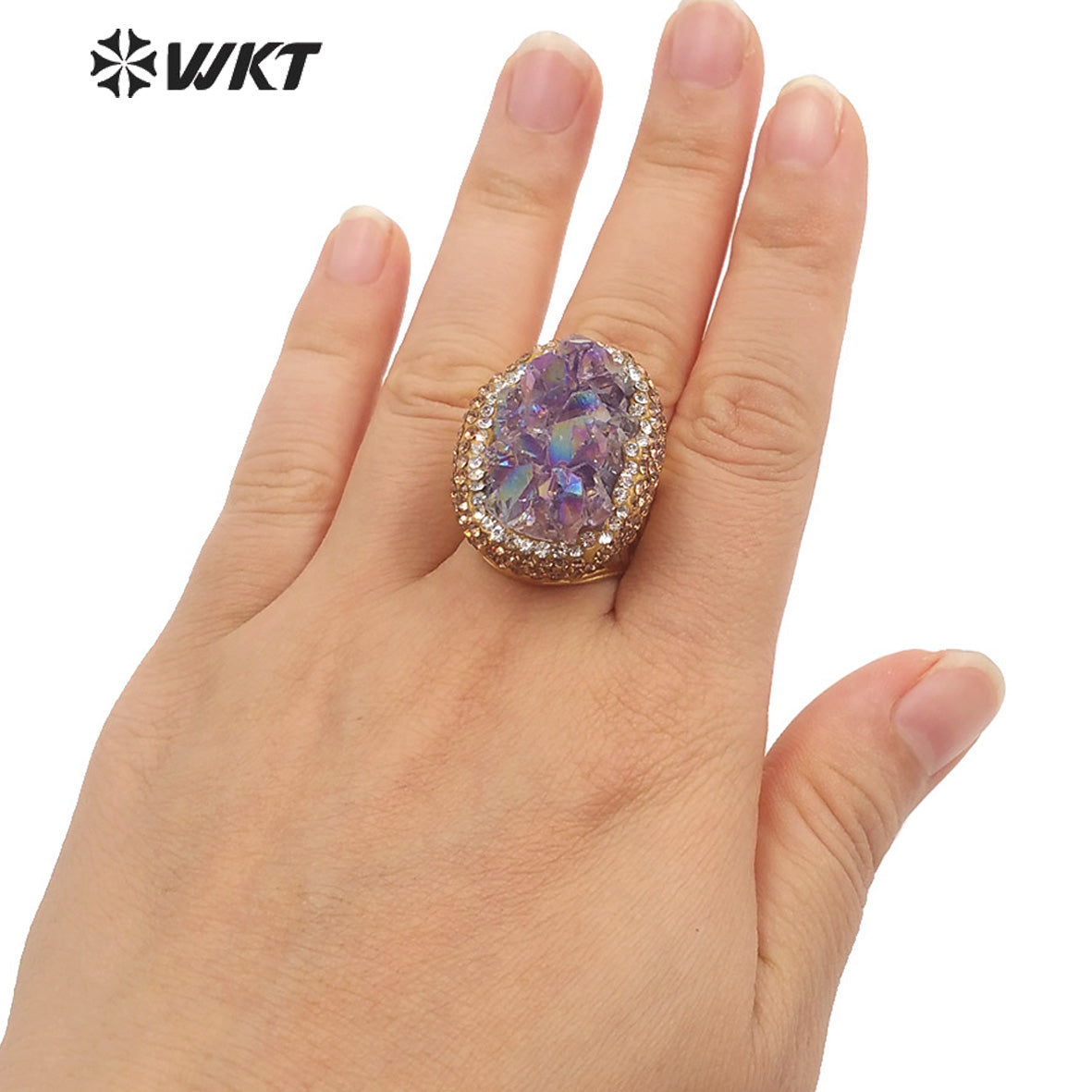 WT-R433 Fashion Oval Shape Aura Amethyst Stone Ring 18k Gold Bezel Setting Rhinestone Paved Druzy Amethyst Ring for Gift