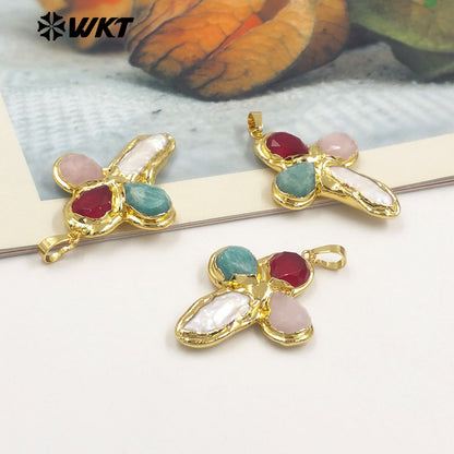 WT-JP382 Classic Cross Shape With Colored Natural Stone Pearl and 18k Gold Plated Pendant for Necklace Accessory
